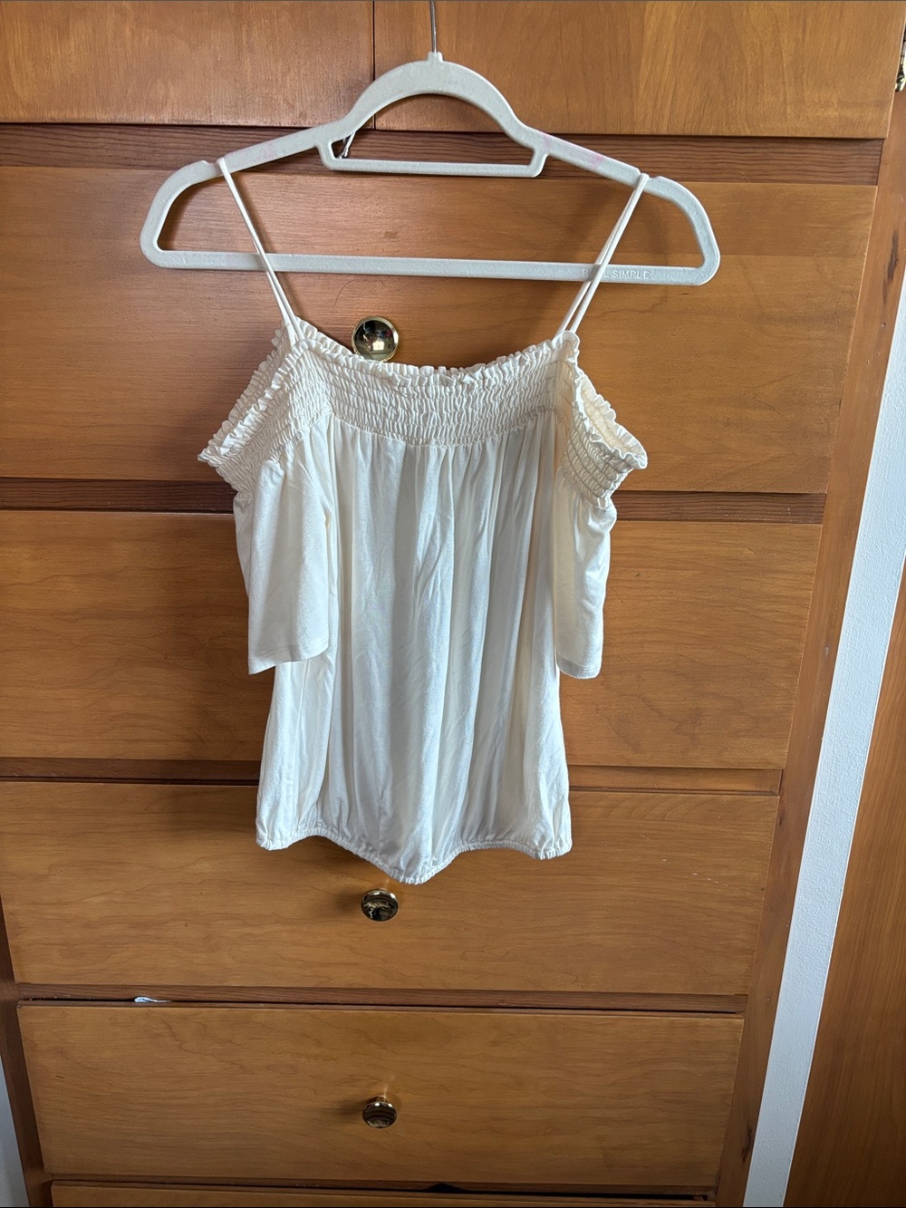 Ella Moss Cream Off-Shoulder Smocked Strap Top